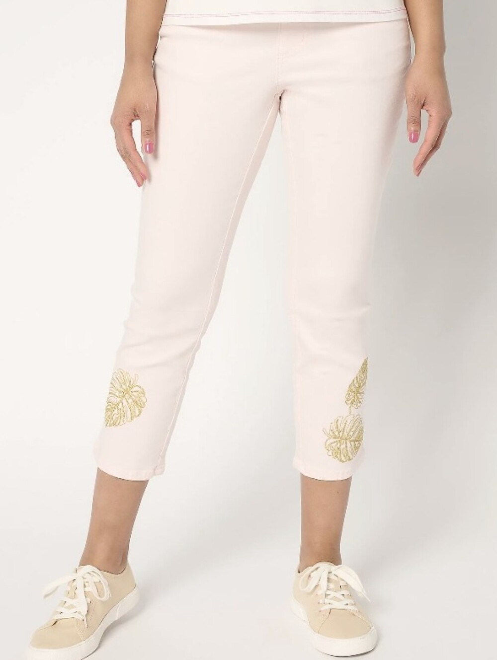 Belle by Kim Gravel Pale Pink Capri Pants With Tropical Leaf Motif Sz 16 Petite